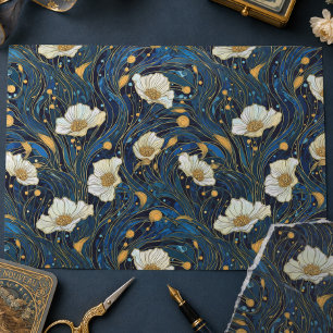Papel De Seda Flores Celestiais Creme e Dourado sobre Azul-Marin