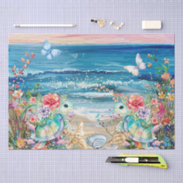 Papel De Seda Flores Cênicas da Costa com Tartarugas Marinhas De