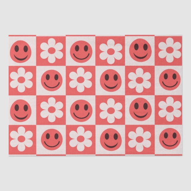 Papel De Seda Flores Checadas e Rostos Felizes Vermelhos (Frente )
