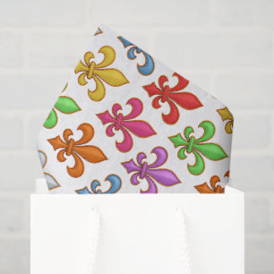 Papel De Seda Flores Coloridas e Negritas Fleur-de-lis Brancas