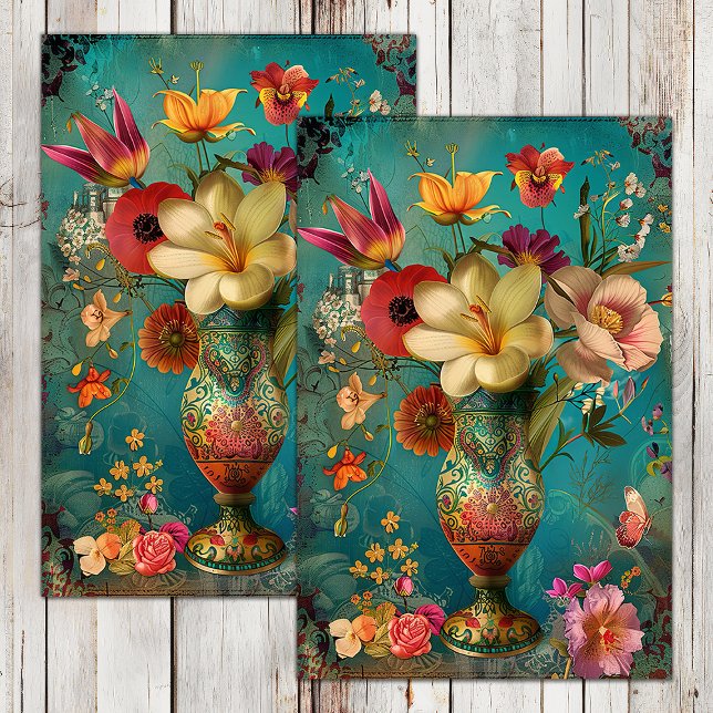 PAPEL DE SEDA FLÔRES COLORIDAS EM VASO DECUPAGEM (COLORFUL FLOWERS IN VASE DECOUPAGE TISSUE PAPER)
