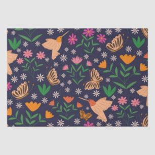 Papel De Seda Flores com beija-flores e borboletas