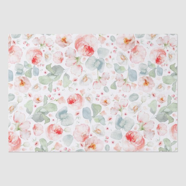Papel De Seda Flores de Aquarela Rosa Claro Botânico  (Frente )