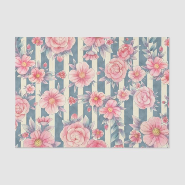 Papel De Seda Flores de Aquarela Rosa em Stripes (Frente )