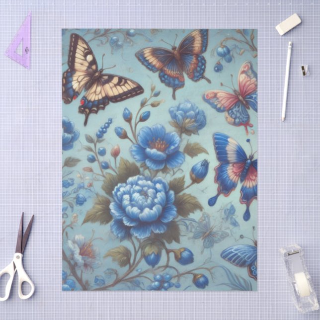 Papel De Seda Flores de Borboletas Borboletas Azul Decoupage (Arte )