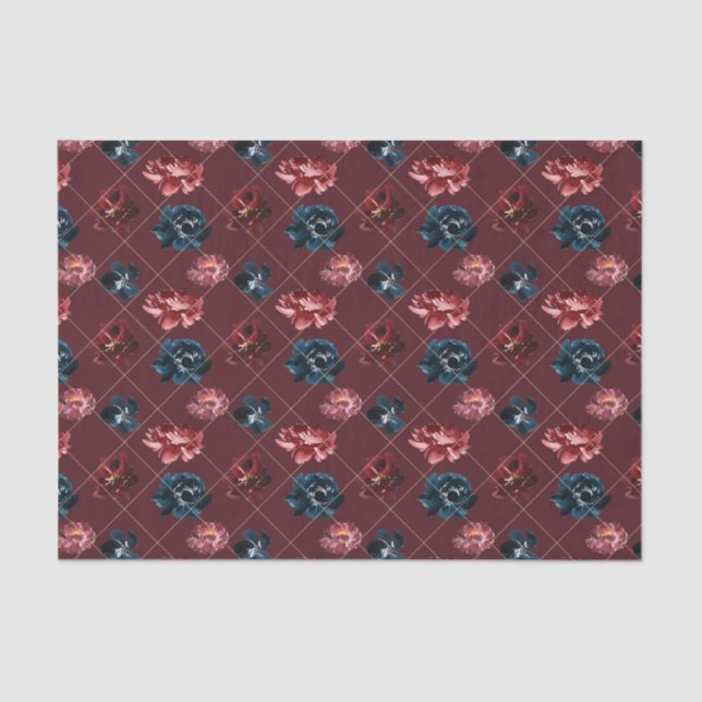 Papel De Seda Flores de Borgonha e Azul (Design 2 Série Vermelha (Frente )