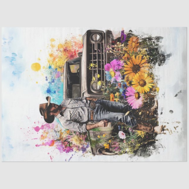 Papel De Seda Flores de Campo de Caminhão Amarelo do Cowboy de D (Frente )