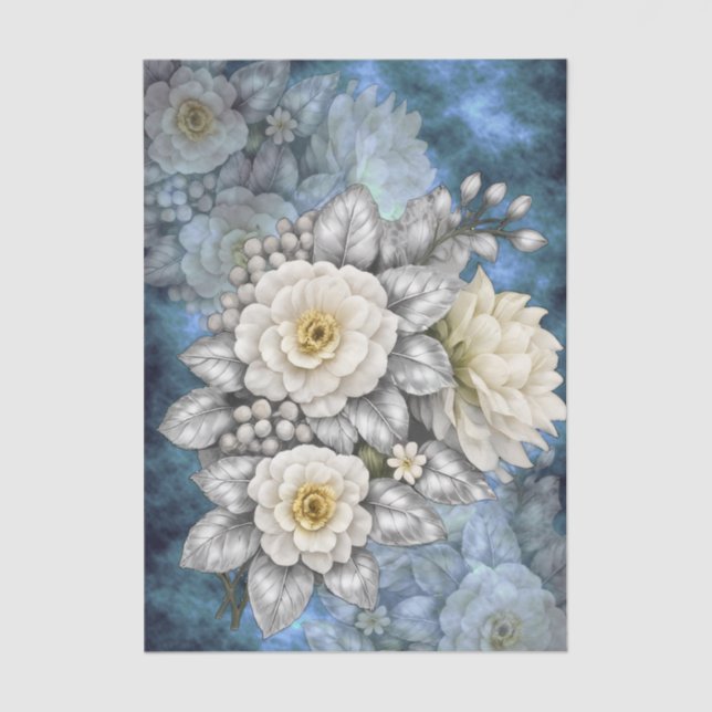Papel De Seda Flores de Casamento Elegantes Românticas Prateadas (Frente )