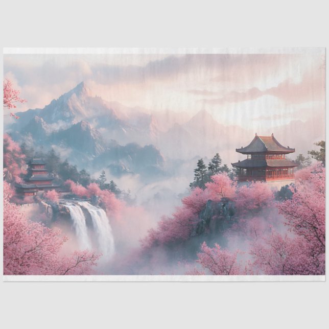 Papel De Seda Flores de Cerejeira Japonesas e Templos (Frente )