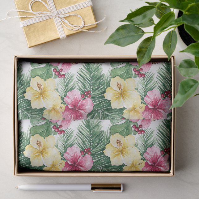 Papel De Seda Flores De Hibisco Rosa Amarelo Aniversário (Presente)