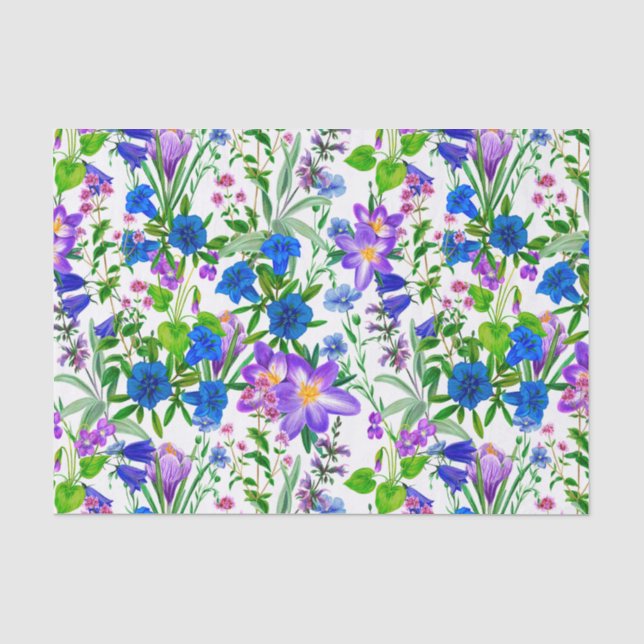Papel De Seda Flores de Jardim de Aquarelas Azuis e Púrpuras (Frente )