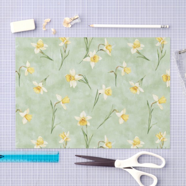 Papel De Seda Flores De Narciso Brancas Amarelas Verde Musgo Ani (Arte )