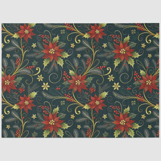 Papel De Seda Flores de Natal Vermelho Dourado Verde Decoupage  (Frente )