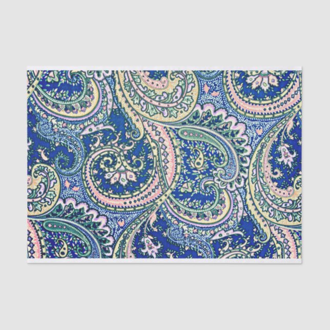 Papel De Seda Flores de Paisley Verde, Azul, Rosa, Folhas (Frente )
