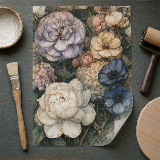 Papel De Seda Flores de Peônia Azul e Hortênsia Vintage
