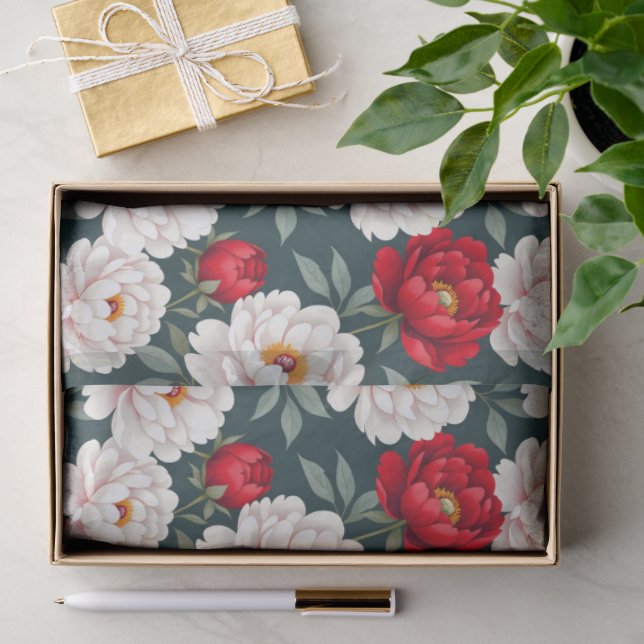 Papel De Seda Flores de peônia vermelhas e brancas (Presente)
