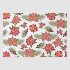 Papel De Seda Flores De Poinsettia Vermelha E Berries Holly