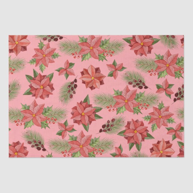 Papel De Seda Flores De Poinsettia Vermelha E Berries Holly (Frente )