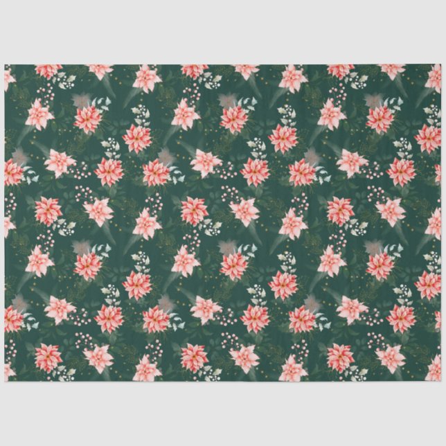 Papel De Seda Flores de Poinsettia Vermelhas em Verde Escuro (Frente )
