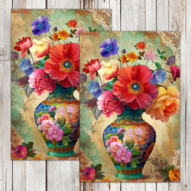 PAPEL DE SEDA FLORES DE PRIMAVERA EM DECOUPAMENTO VASTO (SPRING FLOWERS IN VASE DECOUPAGE TISSUE PAPER)