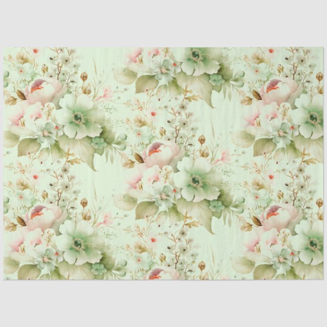Papel De Seda Flores de Primavera Rosa, Verde Pálido sobre Decou (Frente )