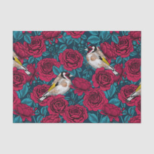 Papel De Seda Flores de rosa vermelha e aves-pintadas