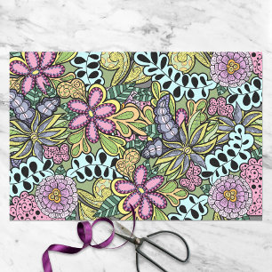 Papel De Seda Flores de Whimsical Coloridas e Folhas Botânicas