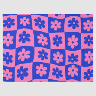 Papel De Seda Flores Distorcidas Rosa Azul Xadrez Retro