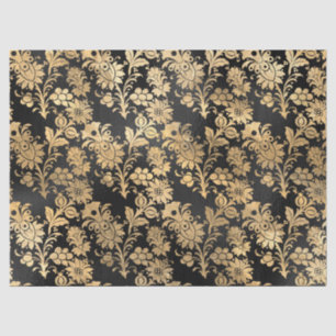Papel De Seda Flores Douradas de Estêncil na Decoupage Preta