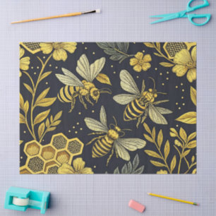 Papel De Seda Flores e Abelhas em Ouro Vintage