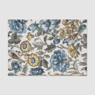 Papel De Seda Flores e Aves Azuis e Douradas