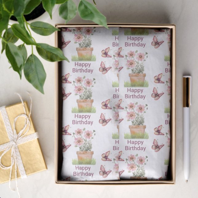 Papel De Seda Flores e Borboletas Aquarela Aniversário (tissue paper template in gift box)