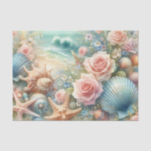Papel De Seda Flores e conchas aquáticas em cores pastéis