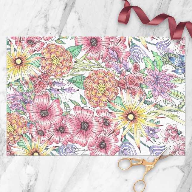 Papel De Seda Flores e Folhas Amarelas Vermelhas Desenhadas à Mã (Criador carregado)