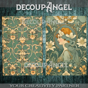 Papel De Seda Flores e Mulher em Arte Nouveau - Decoupage-