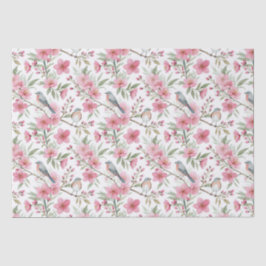 Papel De Seda Flores e Pássaros Rosa em Aquarela Elegante Decoup
