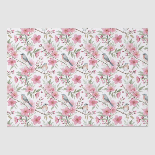 Papel De Seda Flores e Pássaros Rosa em Aquarela Elegante Decoup (Frente )