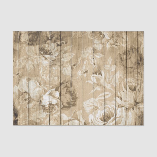 Papel De Seda Flores e Rosas em Tom de Sépia em Madeira (Frente )