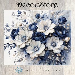Papel De Seda Flores Elegantes em Decoupage Azul e Branco