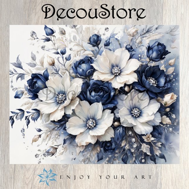 Papel De Seda Flores Elegantes em Decoupage Azul e Branco (Criador carregado)