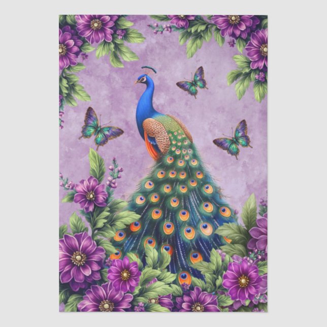 Papel De Seda Flores Elegantes Pavão e Borboletas Decoupage (Frente )