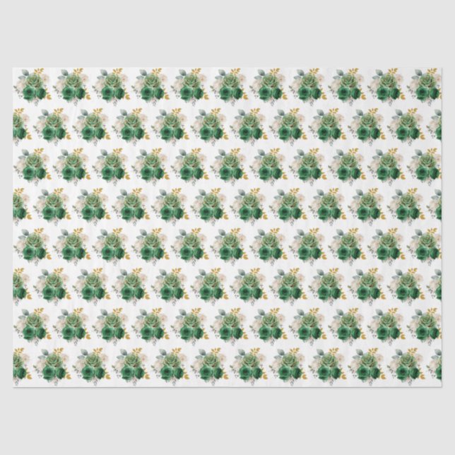 Papel De Seda Flores Elegantes Verde Escuro e Dourado (Frente )