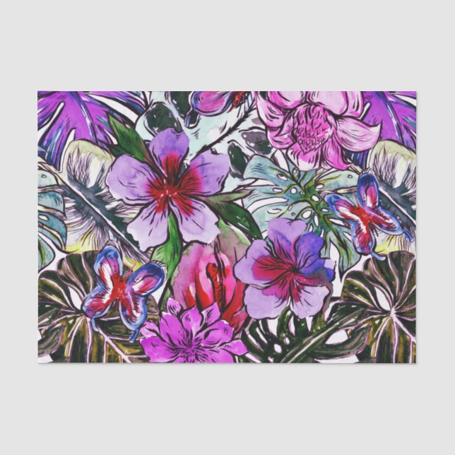Papel De Seda Flores exóticas da selva do hibiscus tropical (Frente )