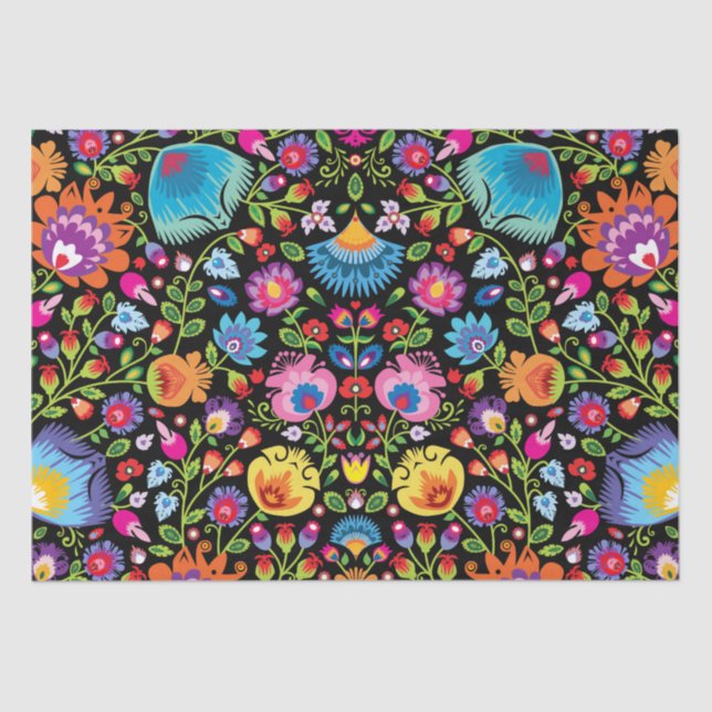 Papel De Seda Flores folclóricas Wycinanki preto  (Frente )