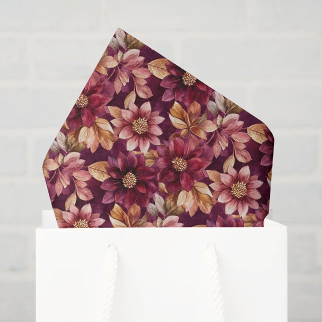 Papel De Seda Flores Folhas Aniversário Dourado Borgonha (Sacola de presentes)