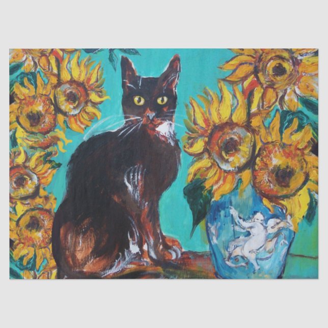PAPEL DE SEDA FLORES, GATO PRETO EM TURQUIAS AZUIS (Frente )