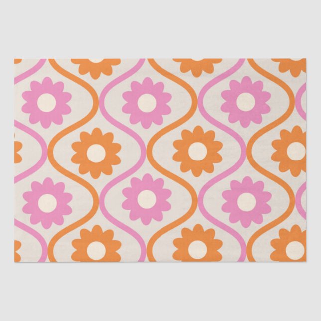Papel De Seda Flores Laranja e Rosa em Ogee de Meados do Século  (Frente )