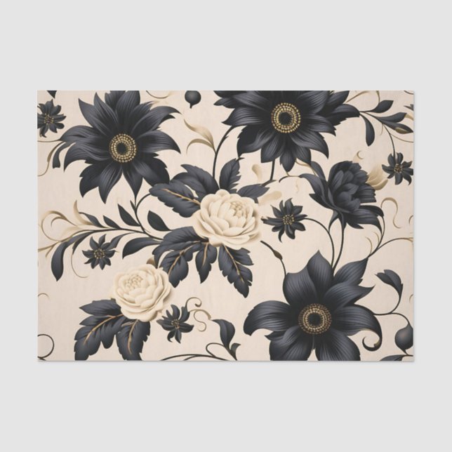 Papel De Seda Flores Negras no Padrão do bege (Frente )