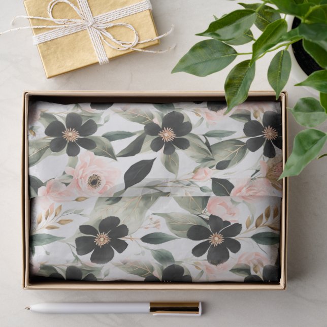Papel De Seda Flores Pretas e Rosa Concha (Presente)