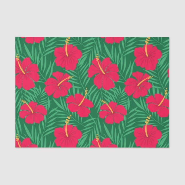 Papel De Seda Flores Red Hibiscus em Folhas Tropicais Verdes (Frente )